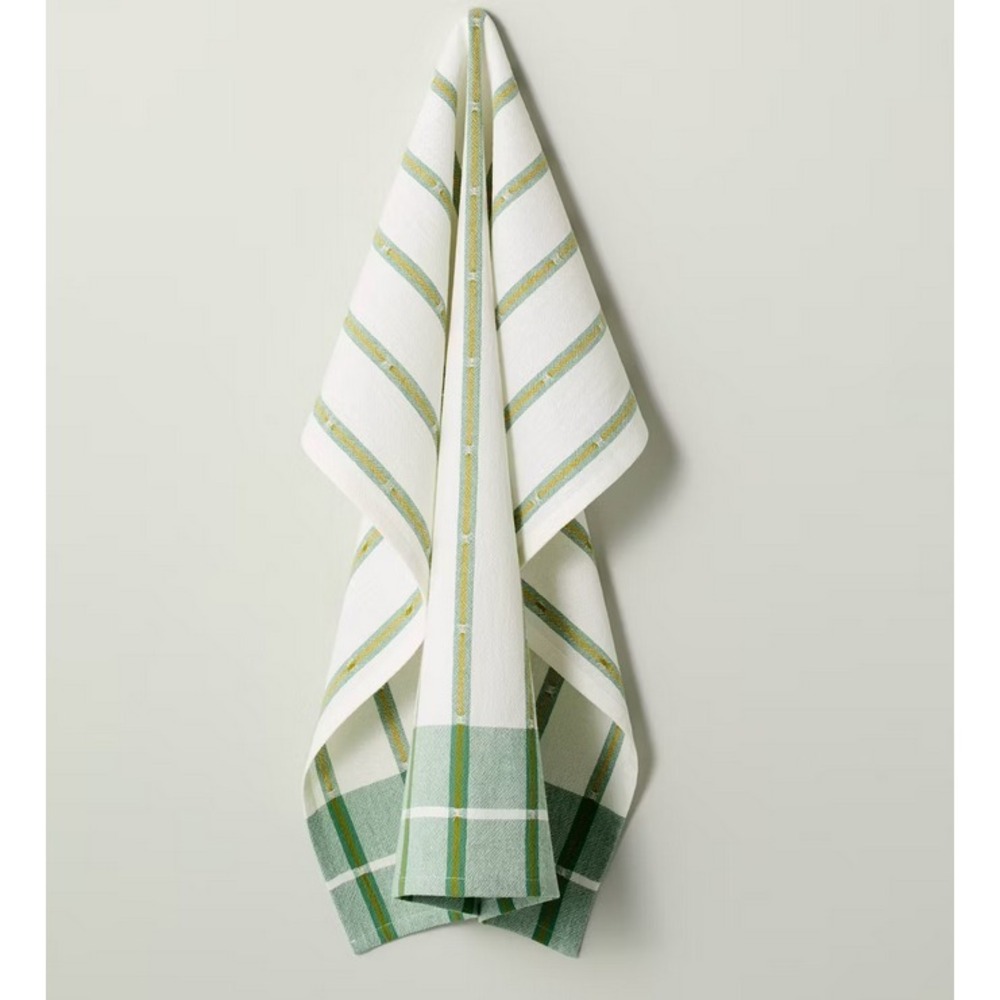 Magnolia Hearth & Hand Kitchen Flour Sack Dish Towel Check Stripe Green & White